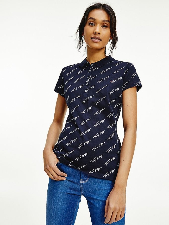 Tommy Hilfiger Abstract Print Slim Fit Polo Shirts Damen Dunkelblau | AT952LHAE