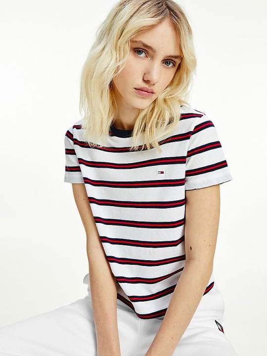 Tommy Hilfiger All-Over Stripe Organic Baumwoll T-shirts Damen Weiß | AT168KEGD