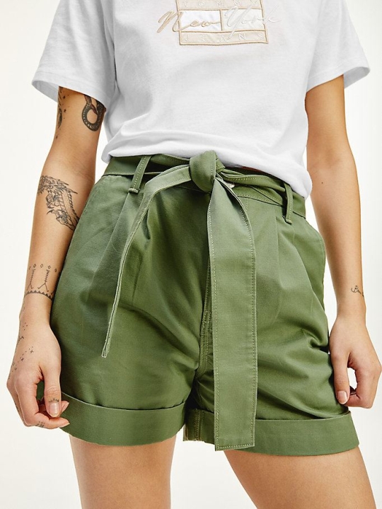 Tommy Hilfiger Badge Belted Mom Kurze Hose Damen Olivgrün | AT825XPAI