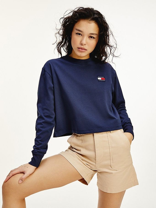 Tommy Hilfiger Badge Long Sleeve Cropped T-shirts Damen Hellnavy | AT795PIAQ