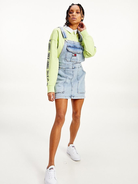 Tommy Hilfiger Badge Neon Embroidery Dungaree Kleider Damen Hellblau | AT964NRTZ