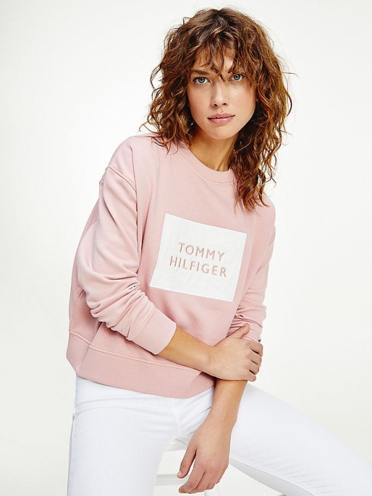 Tommy Hilfiger Box Logo Crew Neck Sweatshirts Damen Rosa | AT756GKPY