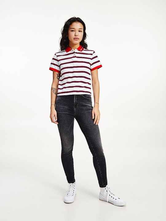 Tommy Hilfiger Contrast Collar Cropped Polo Shirts Damen Weiß Mehrfarbig | AT364JAHW