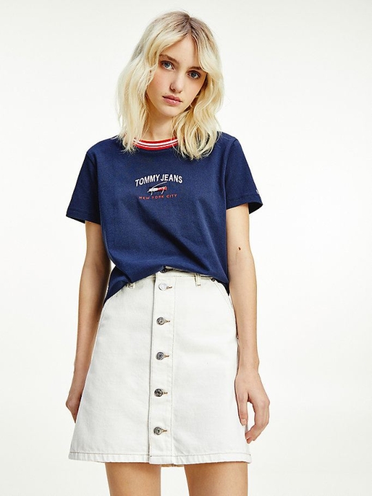 Tommy Hilfiger Contrast Collar Logo T-shirts Damen Hellnavy | AT108RUXE