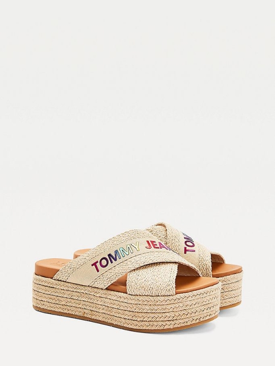 Tommy Hilfiger Crossover Riemen Mules Keilabsatz Sandalen Damen Beige | AT593OHFY