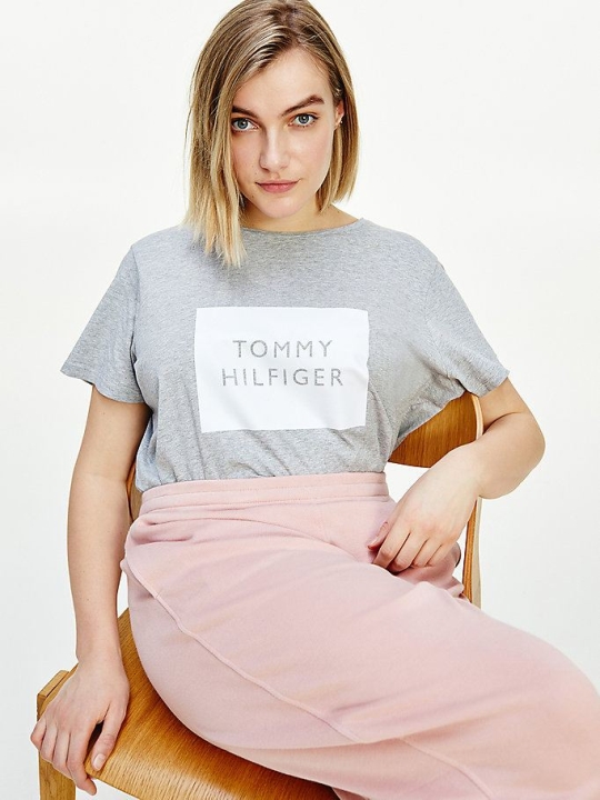 Tommy Hilfiger Curve Box Logo Crew Neck T-shirts Damen Hellgrau | AT508IOJS