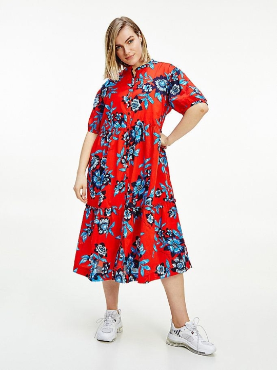 Tommy Hilfiger Curve Floral Print Relaxed Fit Maxi Kleider Damen Rot | AT942UFWK