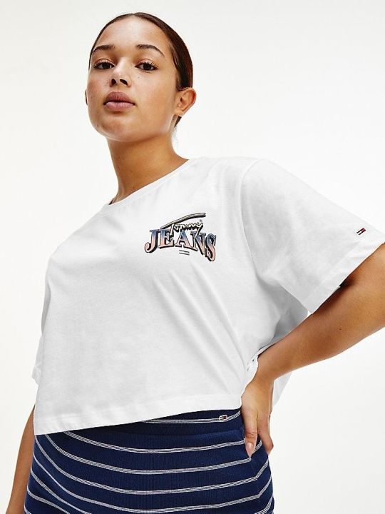 Tommy Hilfiger Curve Logo Cropped Fit T-shirts Damen Weiß | AT984SQHM