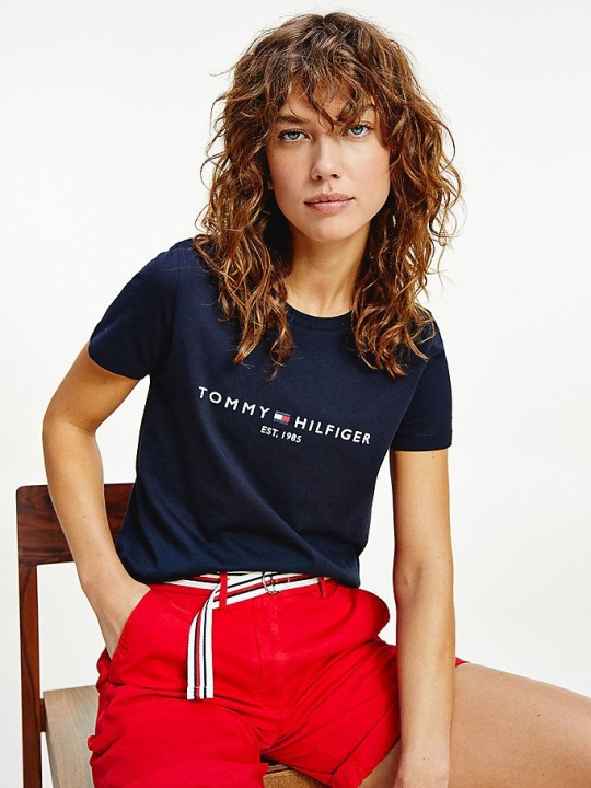 Tommy Hilfiger Essential Crew Neck Logo T-shirts Damen Dunkelblau | AT369HVDS