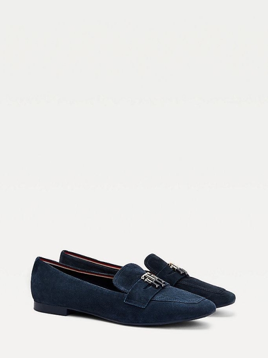 Tommy Hilfiger Essential Monogram Wildleder Loafer Flache Schuhe Damen Dunkelblau | AT248JYGB