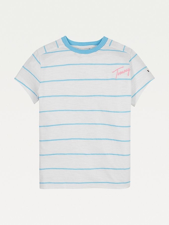 Tommy Hilfiger Horizontal Stripe Signature Logo T-shirts Kinder Blau | AT639BOGZ