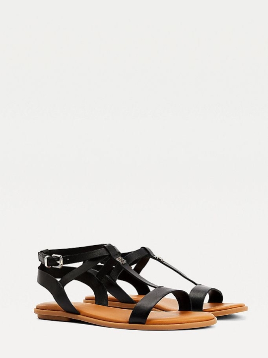 Tommy Hilfiger Leder Flache Gladiator Flache Sandalen Damen Schwarz | AT867VURF