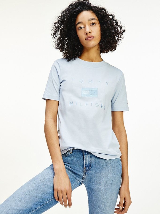 Tommy Hilfiger Logo Embroidery Crew Neck T-shirts Damen Blau | AT963LGZR