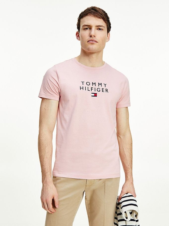 Tommy Hilfiger Logo Embroidery Organic Baumwoll T-shirts Herren Rosa | AT307KJPZ