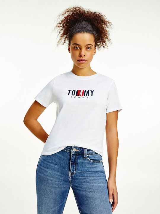 Tommy Hilfiger Logo Embroidery Pure Organic Baumwoll T-shirts Damen Weiß | AT271EMFT