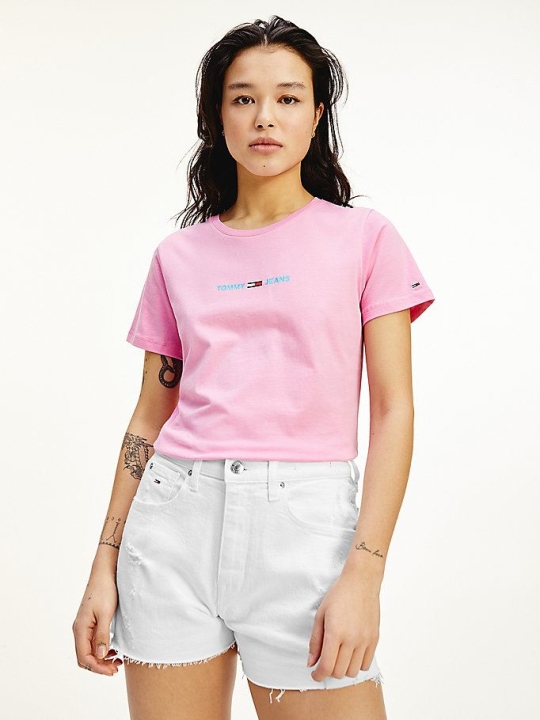 Tommy Hilfiger Logo Embroidery Slim Fit T-shirts Damen Rosa | AT184VFXE