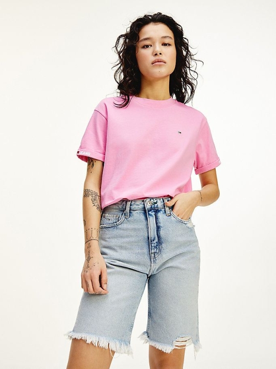 Tommy Hilfiger Logo Sleeve Organic Baumwoll Cropped T-shirts Damen Rosa | AT751ZQTD