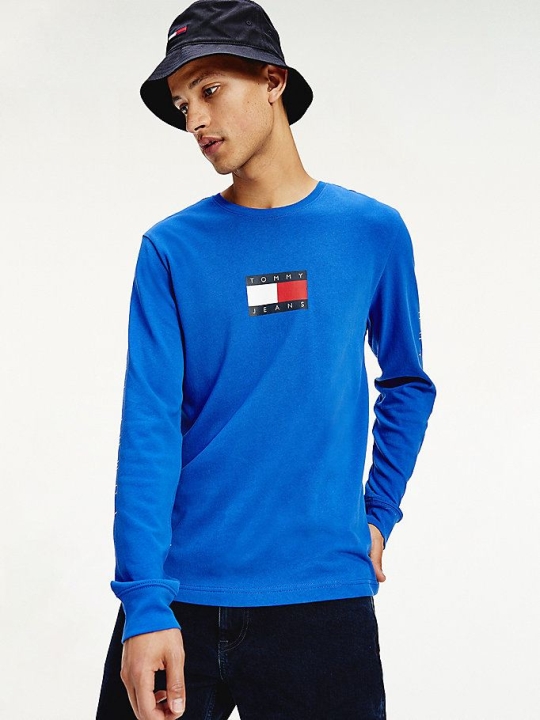 Tommy Hilfiger Long Sleeve Flag T-shirts Herren Blau | AT513TWXF