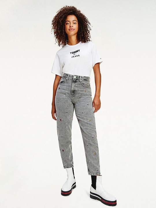 Tommy Hilfiger Mom High Rise Tapered Embroidered Jeans Damen Grau | AT987SPAX