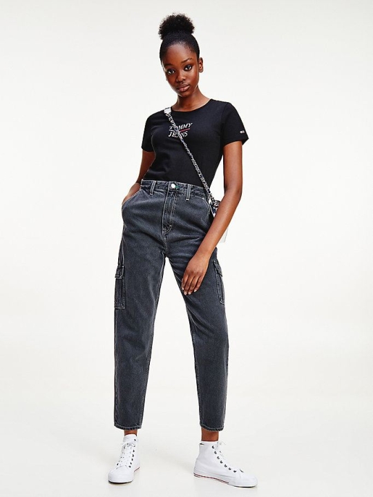 Tommy Hilfiger Mom High Rise Tapered Recycled Baumwoll Cargo Jeans Damen Schwarz | AT987PZDM