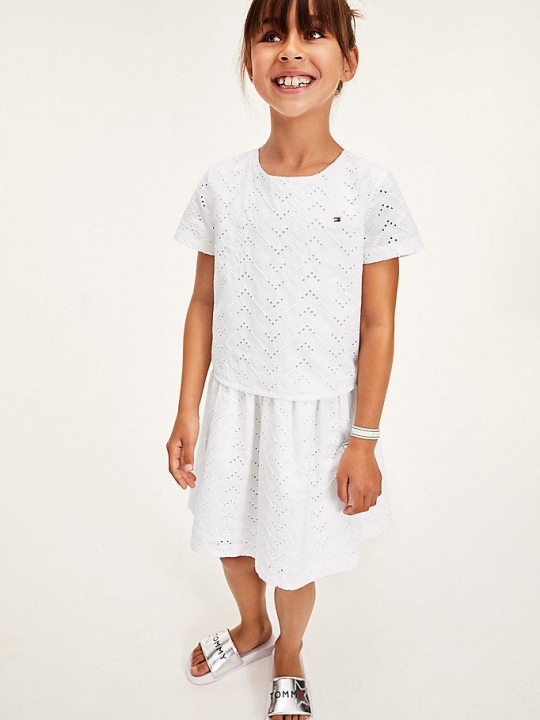 Tommy Hilfiger Organic Baumwoll Broderie Anglaise Layered Kleider Kinder Weiß | AT492LMEQ