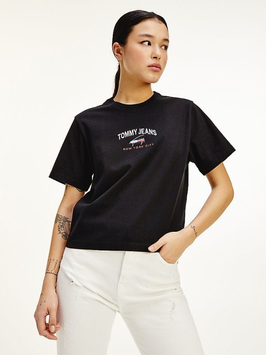 Tommy Hilfiger Organic Baumwoll Cropped Fit Logo T-shirts Damen Schwarz | AT648OAWF