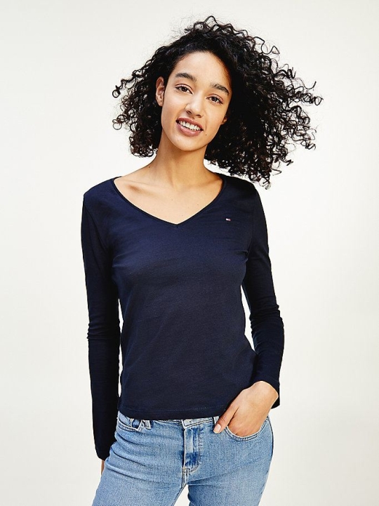 Tommy Hilfiger Organic Baumwoll Long Sleeve V-Neck T-shirts Damen Dunkelblau | AT267EVCH