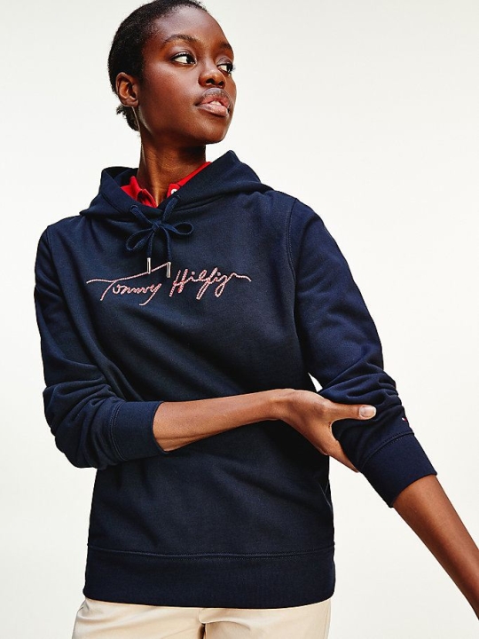 Tommy Hilfiger Organic Baumwoll Signature Logo Sweatshirts Damen Dunkelblau | AT529TFNJ