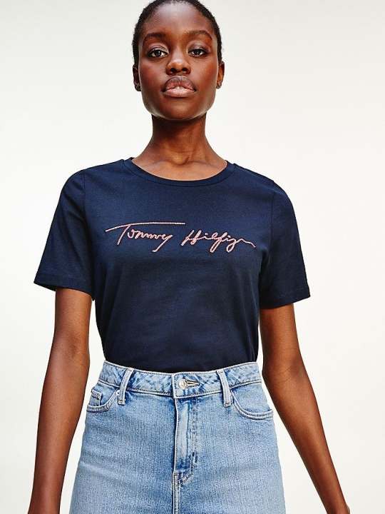 Tommy Hilfiger Organic Baumwoll Signature T-shirts Damen Dunkelblau | AT768JNWU