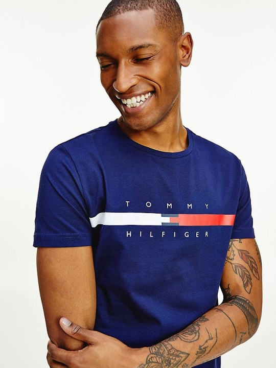 Tommy Hilfiger Organic Baumwoll Signature Tape Logo T-shirts Herren Navy | AT781HSWT