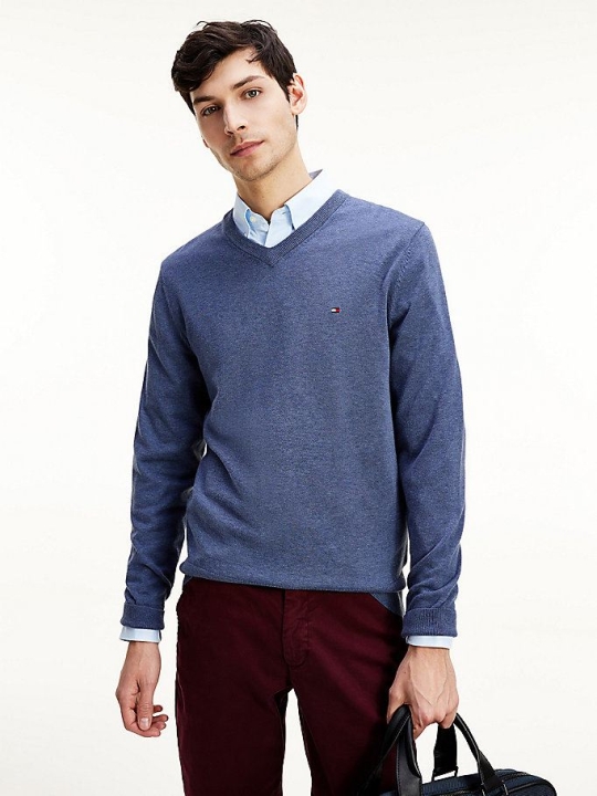 Tommy Hilfiger Organic Baumwoll Silk V-Neck Jumper Pullover Herren Indigo | AT198SMKJ