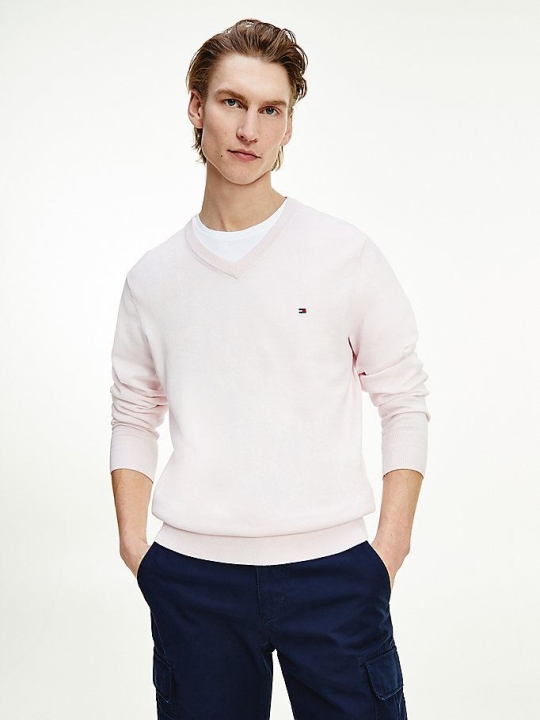 Tommy Hilfiger Organic Baumwoll Silk V-Neck Jumper Pullover Herren Hellrosa | AT976UABT