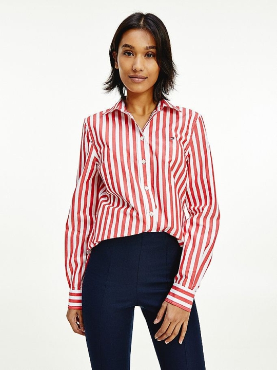 Tommy Hilfiger Organic Baumwoll Stripe Hemd Damen Rot | AT458ZUVJ