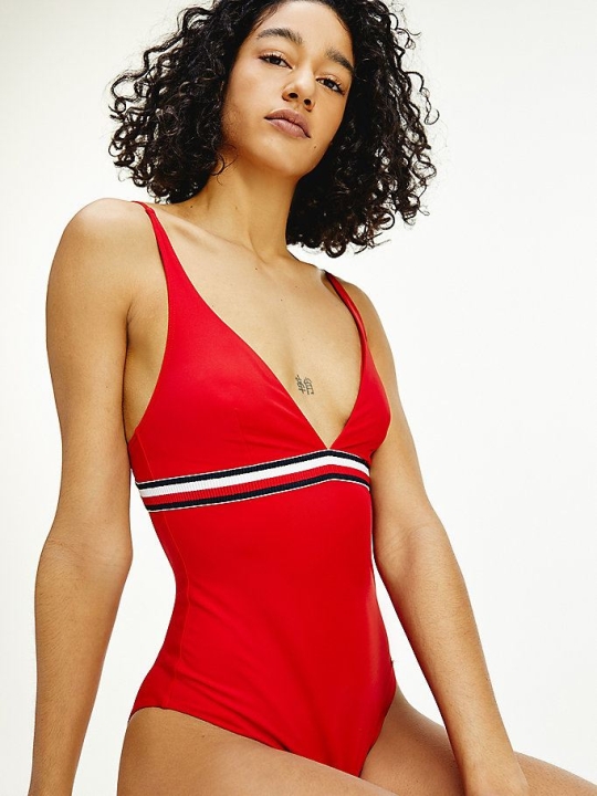 Tommy Hilfiger Plunge Neck Swim Bademode Damen Rot | AT923UTGE