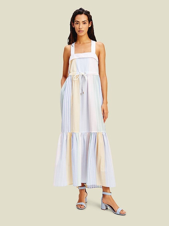 Tommy Hilfiger Pure Baumwoll Seersucker Stripe Maxi Kleider Damen Zitrone Mehrfarbig | AT561AZGX