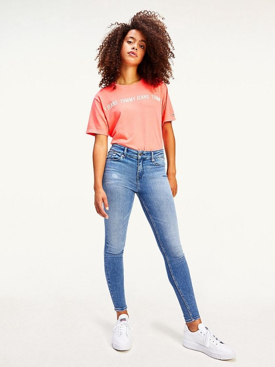 Tommy Hilfiger Repeat Logo Tape Cropped Fit T-shirts Damen Rosa | AT827HEIV