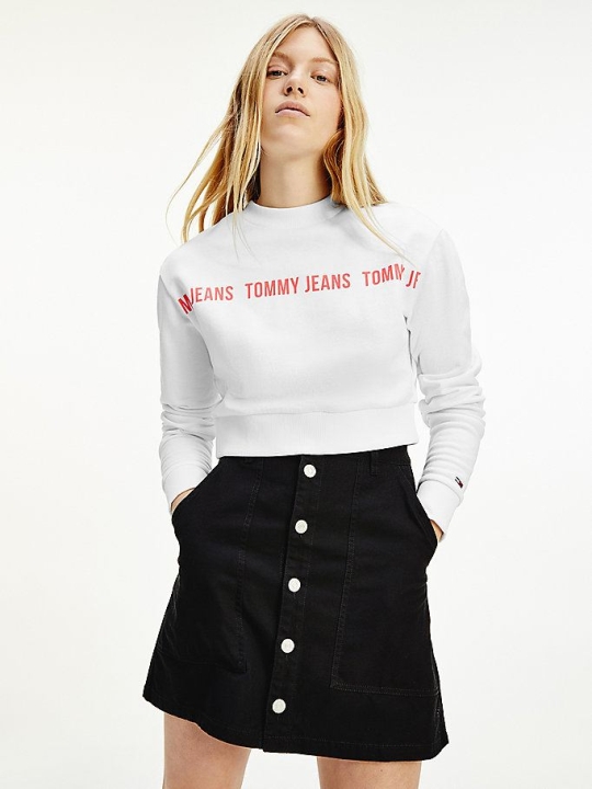 Tommy Hilfiger Repeat Logo Tape Cropped Sweatshirts Damen Weiß | AT971HFKA