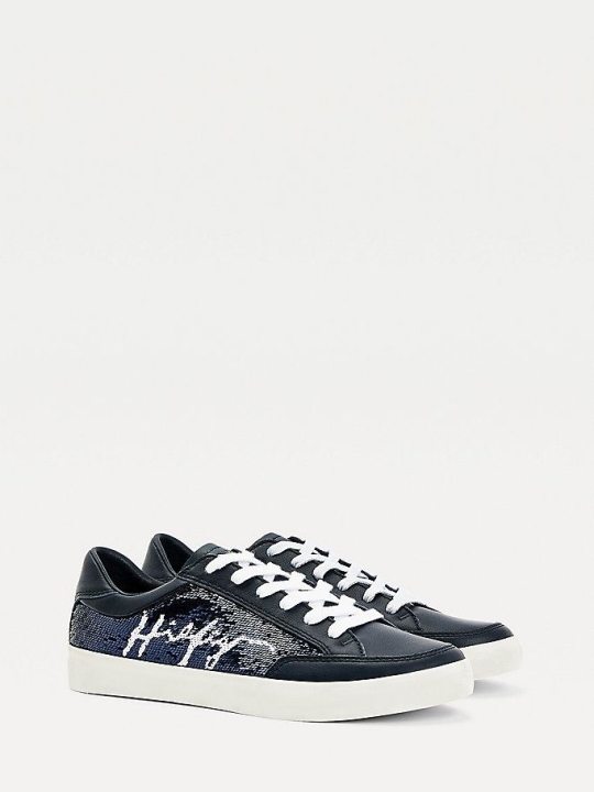 Tommy Hilfiger Sequin Signature Logo Leder Sneakers Damen Dunkelblau | AT925MIUE