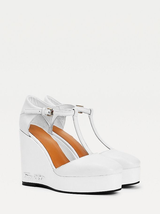 Tommy Hilfiger Signature Leder High Wedges Keilabsatz Sandalen Damen Weiß | AT452QTGL