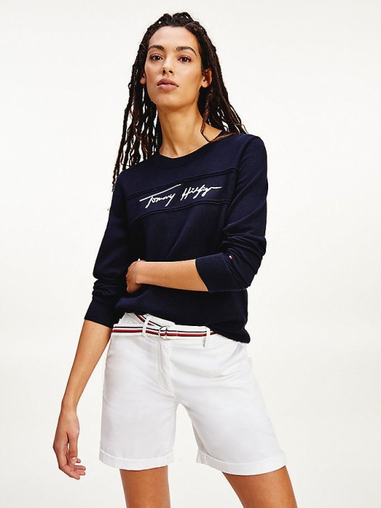 Tommy Hilfiger Signature Logo Crew Neck Jumper Pullover Damen Dunkelblau | AT852NKMD