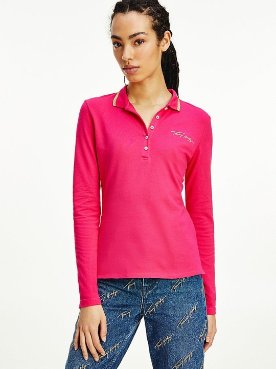 Tommy Hilfiger Slim Fit Long Sleeve Polo Shirts Damen Rosa Rot | AT584IREB