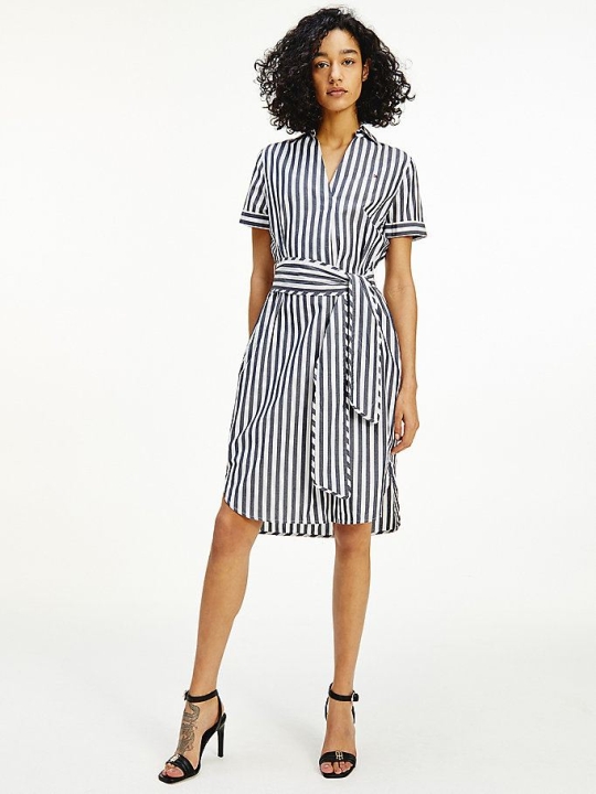 Tommy Hilfiger Stripe Belted Kleider Damen Dunkelblau | AT187ZUNT