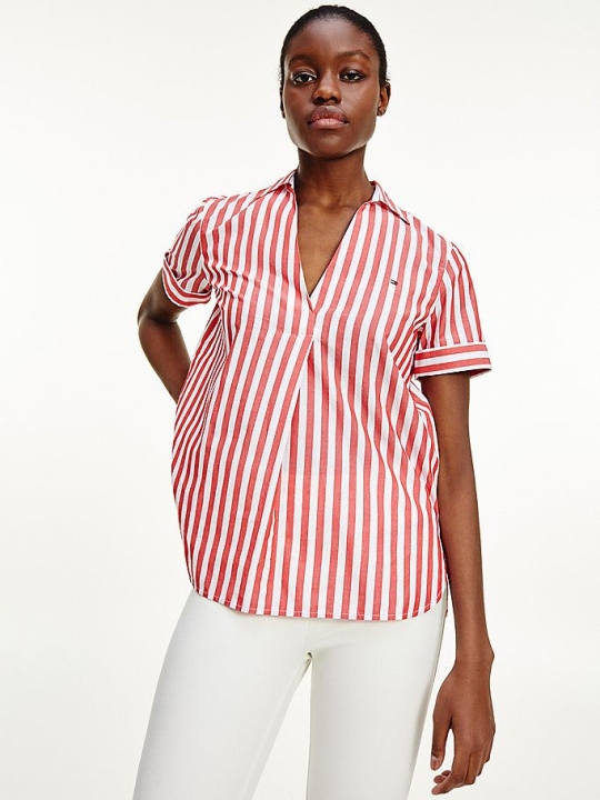 Tommy Hilfiger Stripe Kurzes Sleeve Bluse Damen Rot | AT273ZCOW