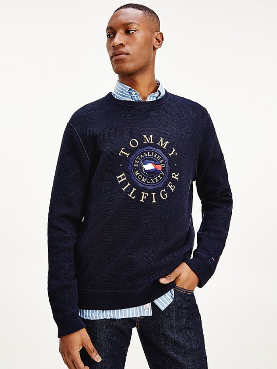 Tommy Hilfiger Structured Logo Embroidery Jumper Pullover Herren Dunkelblau | AT317JVRI