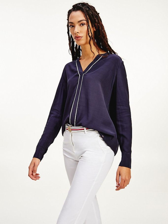 Tommy Hilfiger V-Neck Piping Detail Bluse Damen Dunkelblau | AT260LACB