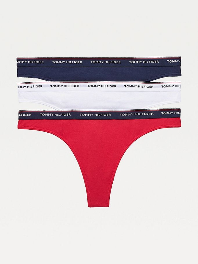 Tommy Hilfiger 3-Pack Stretch Baumwoll Thongs Unterwäsche Damen Braun Rot Weiß Navy | AT028AULF