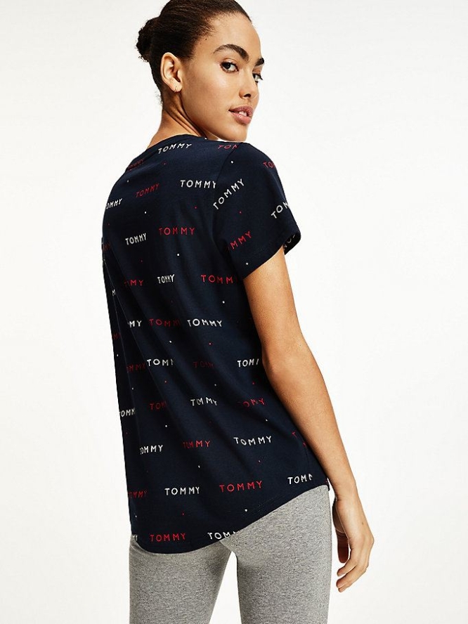 Tommy Hilfiger All-Over Logo Embroidery Nachtwäsche Damen Blau | AT627URZH