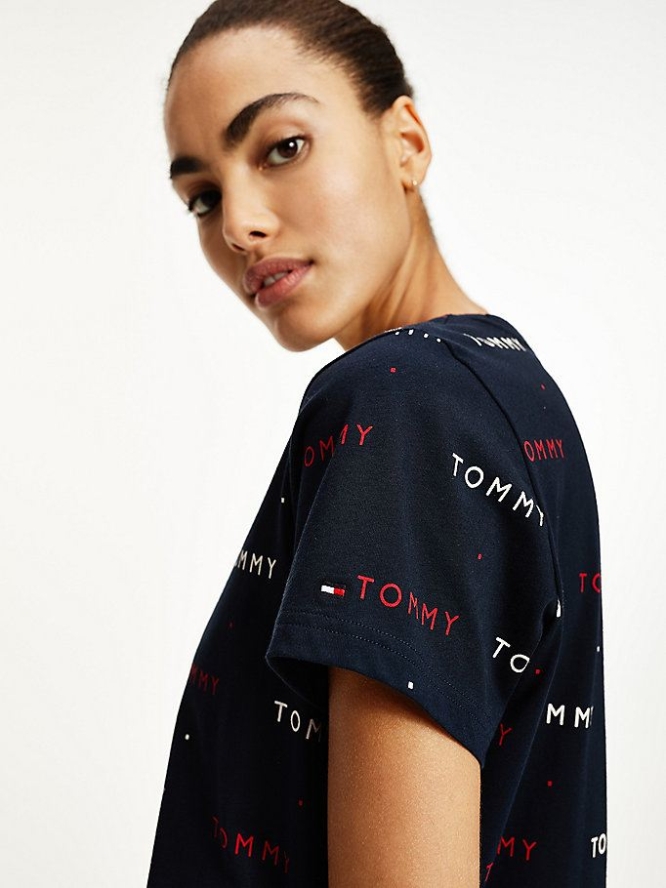 Tommy Hilfiger All-Over Logo Embroidery Nachtwäsche Damen Blau | AT627URZH