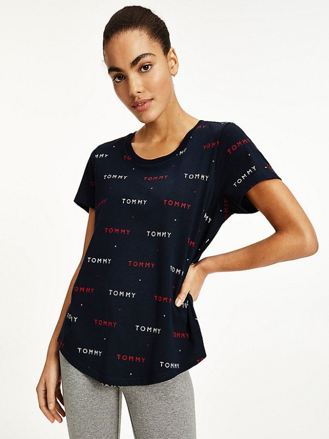 Tommy Hilfiger All-Over Logo Embroidery Nachtwäsche Damen Blau | AT627URZH