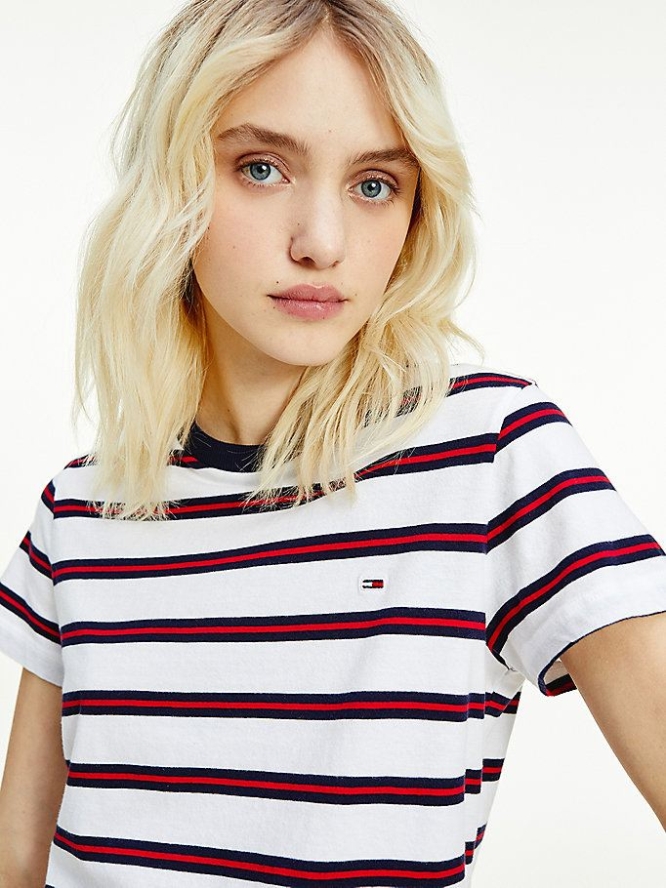 Tommy Hilfiger All-Over Stripe Organic Baumwoll T-shirts Damen Weiß | AT168KEGD